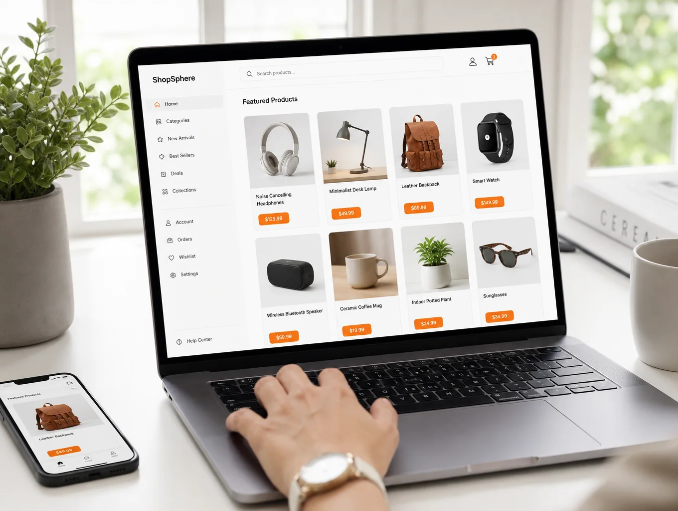 Webshop van een meubelmaker op een laptop en telefoon